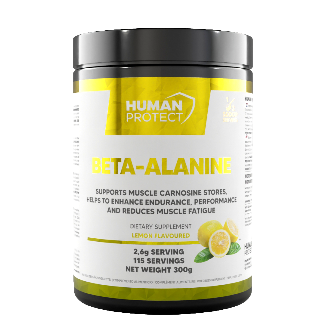 Beta-Alanine 300g Lemon dietary supplement tub, yellow label with serving info