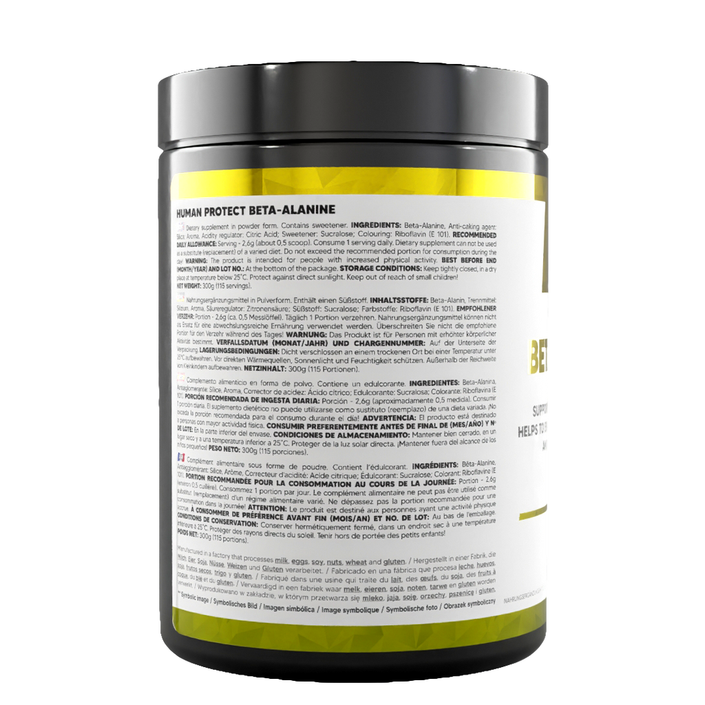 Beta-Alanine 300g Lemon tub back label with directions and ingredients