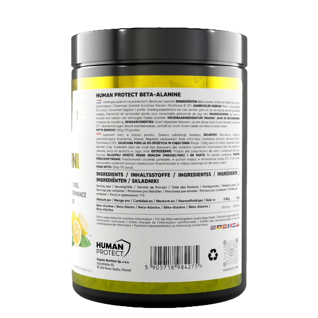 Human Protect Beta-Alanine 300g Lemon tub rear view with barcode and recyclable logo