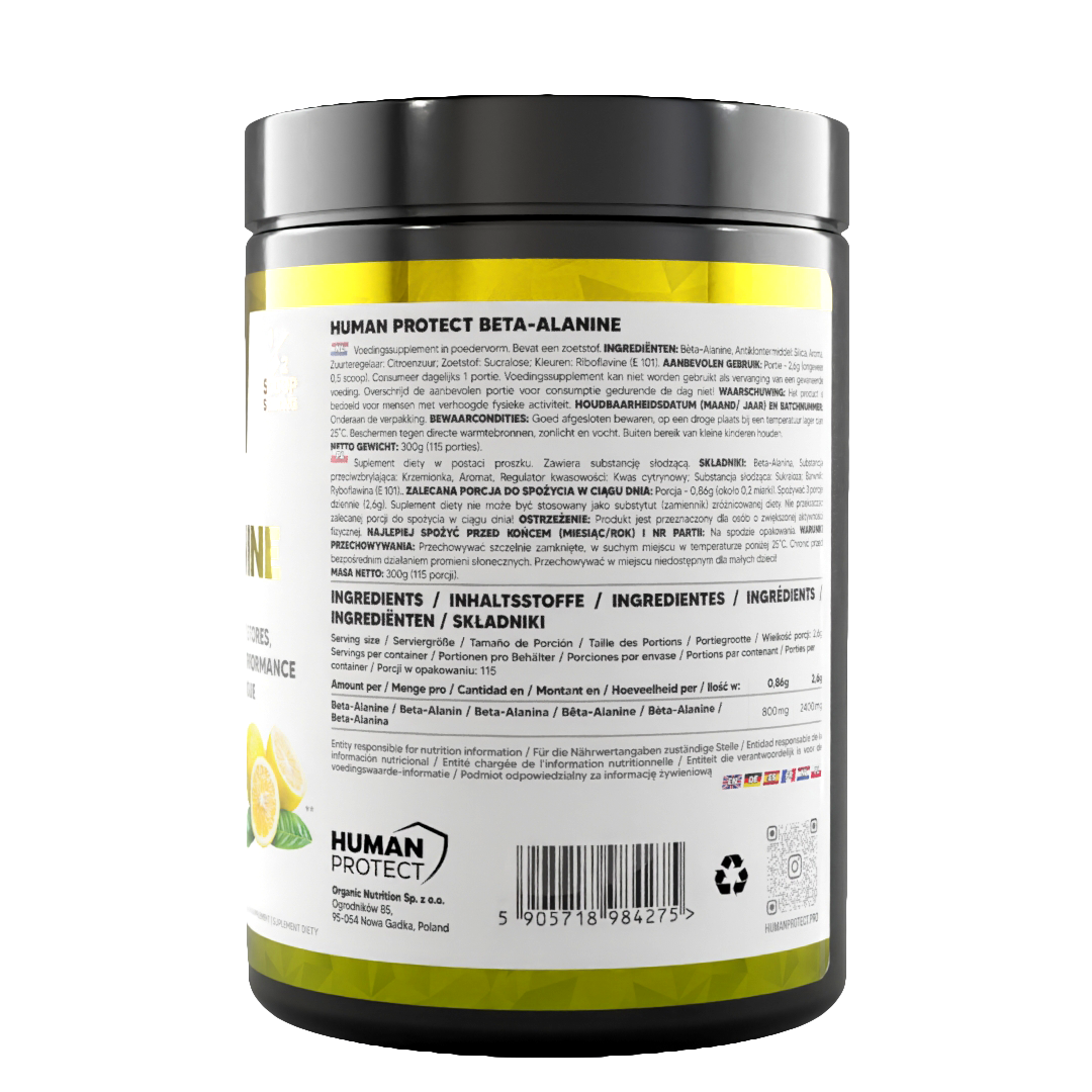 Human Protect Beta-Alanine 300g Lemon tub rear view with barcode and recyclable logo