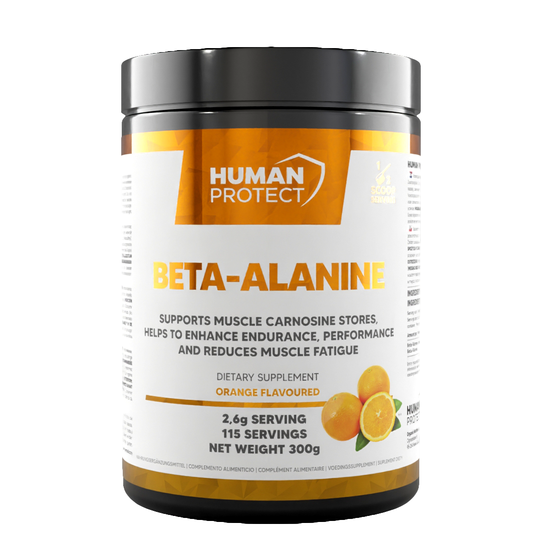 Beta-Alanine 300g orange-flavoured supplement tub, front label