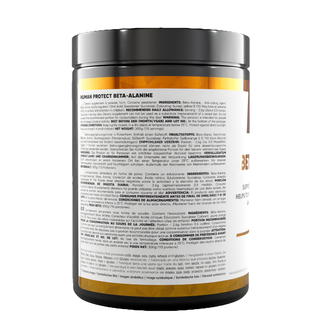 Beta-Alanine 300g orange-flavoured tub, back label with serving information