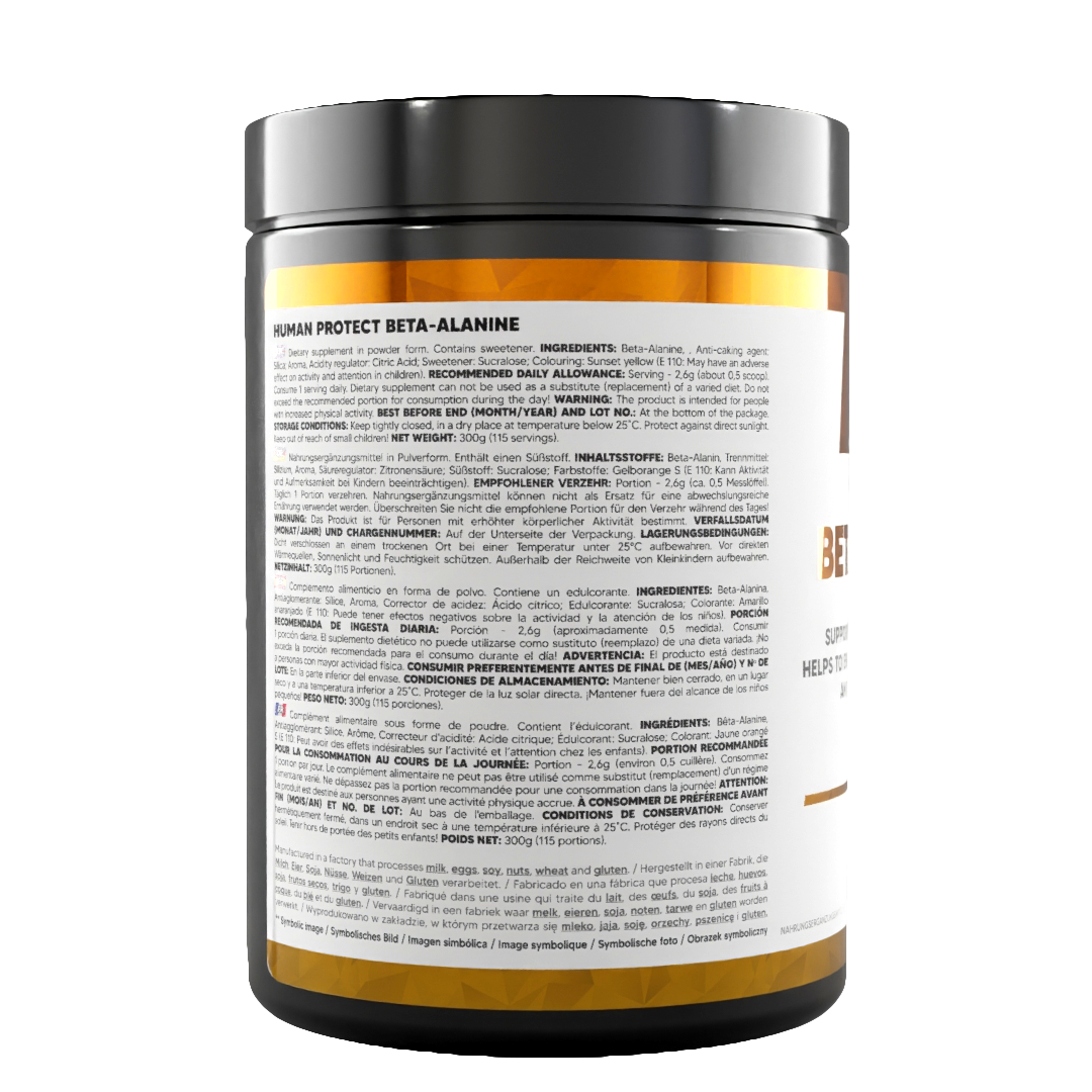 Beta-Alanine 300g orange-flavoured tub, back label with serving information