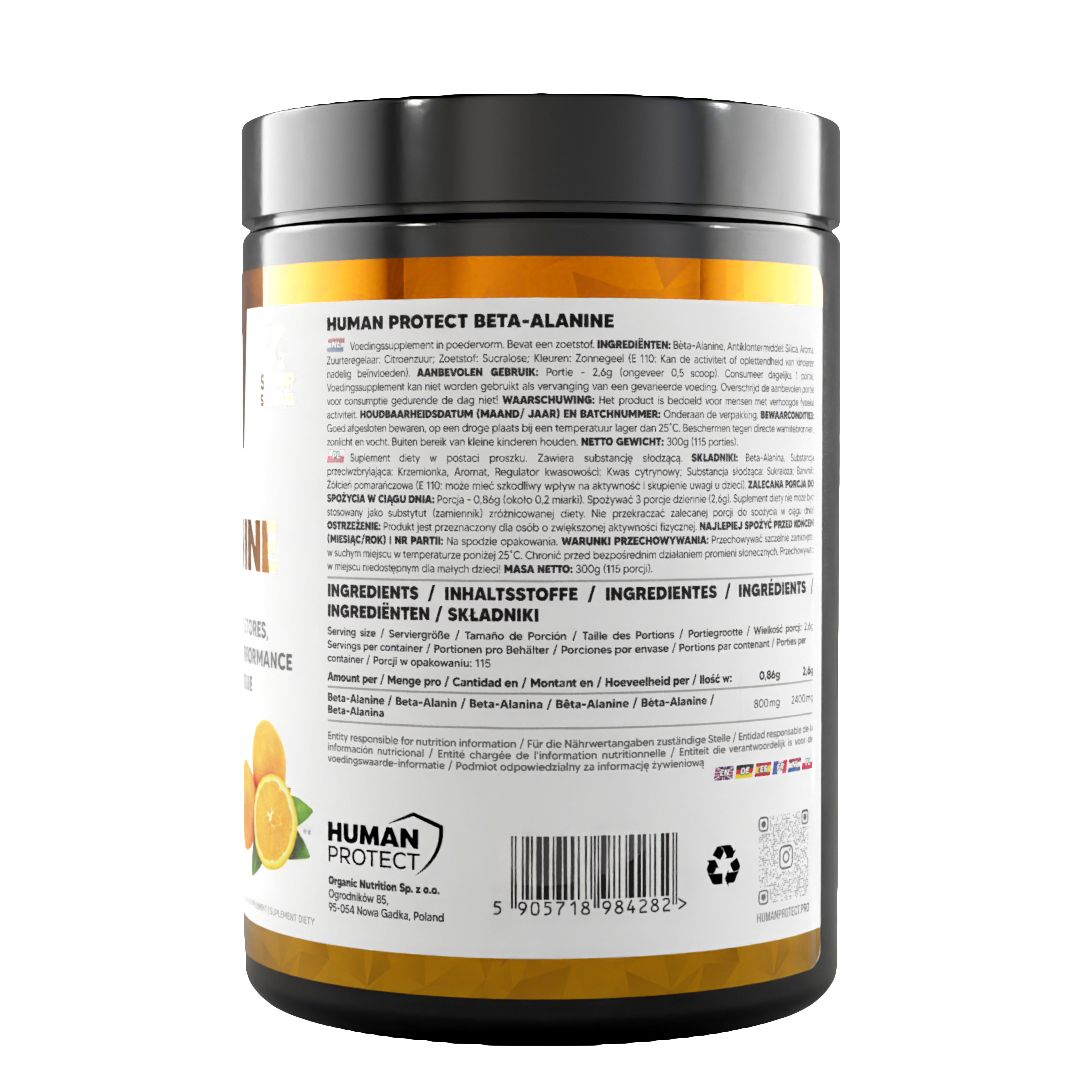 Beta-Alanine 300g orange tub, back panel with barcode and ingredient details
