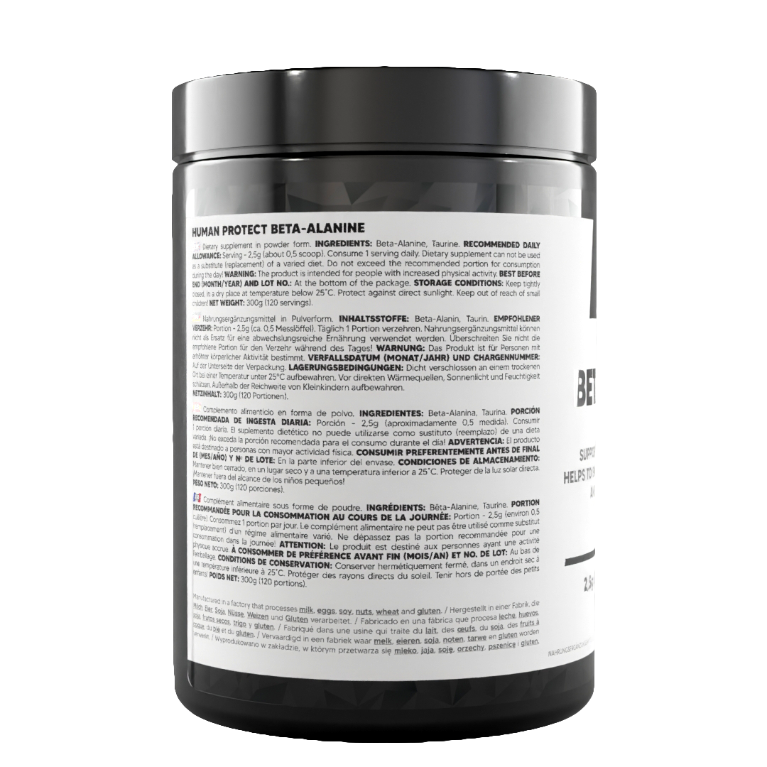 Beta-Alanine supplement tub back label with serving and use directions