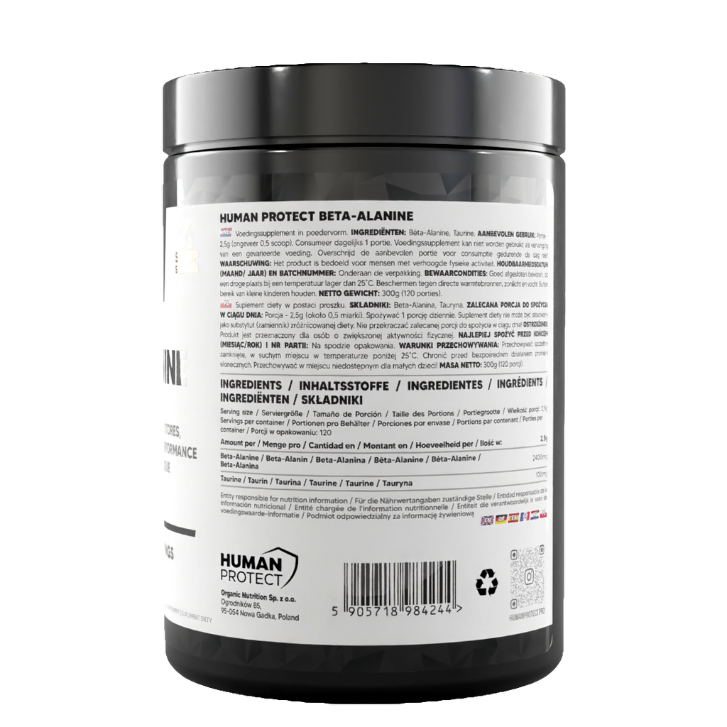 Beta-Alanine supplement tub back label with barcode and ingredients list