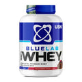 BlueLab Whey protein powder tub, chocolate blueberry flavor, blue lid and label, 908 g