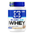 BlueLab Whey Dose, blau-weißes Etikett mit USN & Whey-Logo