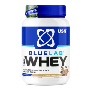 BlueLab Whey Dose, blau-weißes Etikett mit USN & Whey-Logo