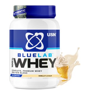USN BlueLab Whey Vanilla protein powder tub, 908 g, with vanilla swirl graphic