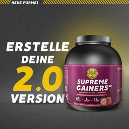 Supreme Gainers 2.0 Dose mit Deckel und Aufdruck „Erst die 2.0 Version“