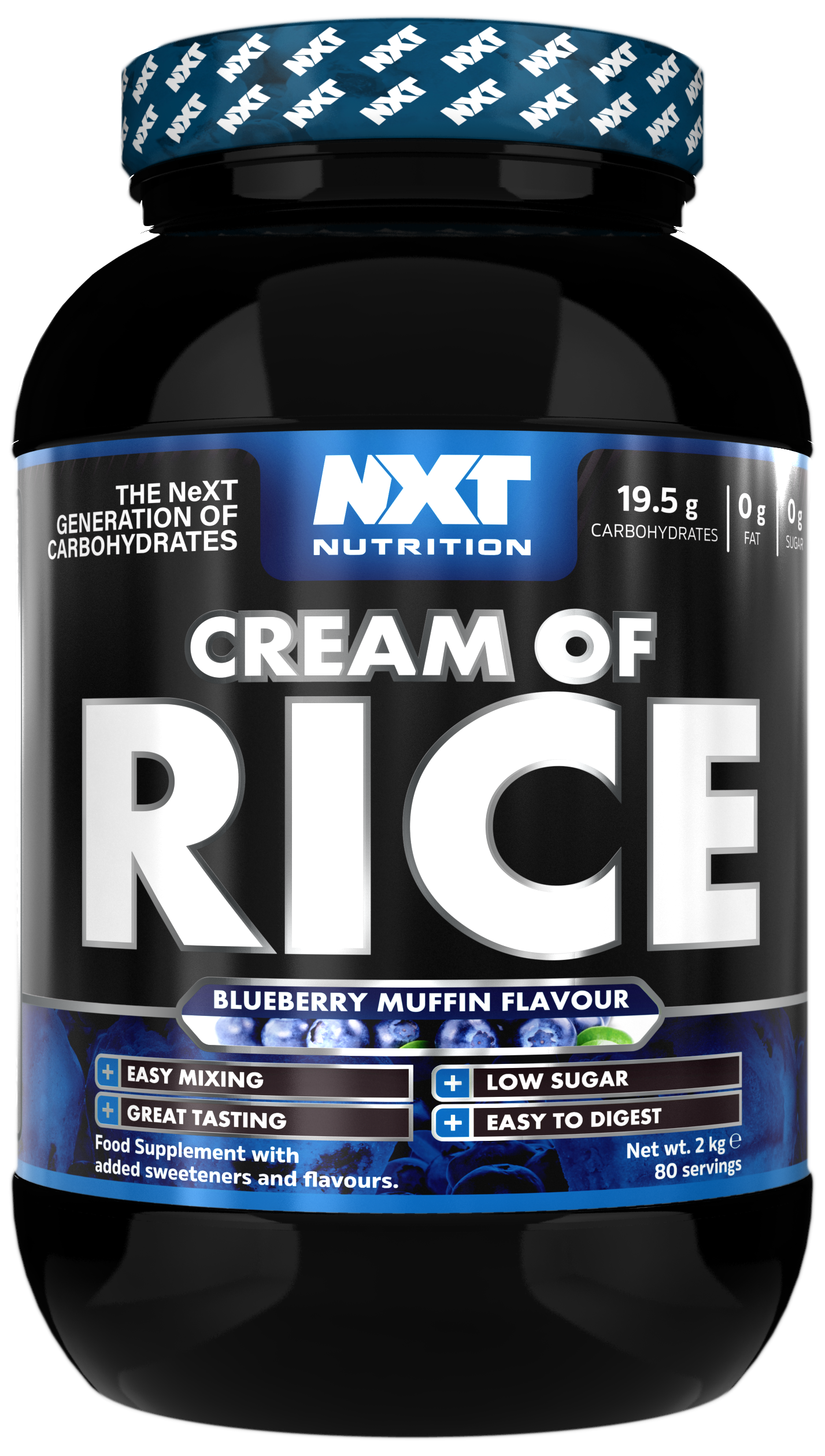 Cream of Rice 2kg Blueberry Muffin powder container, NXT Nutrition label