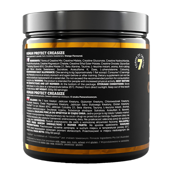 CreaSize 300g Orange tub, back label with directions and ingredient list