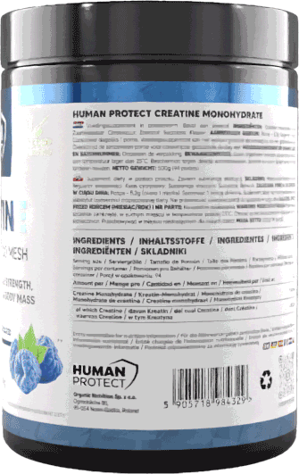 Human Protect Creatine Monohydrate 500g tub, blue raspberry flavor, barcode panel