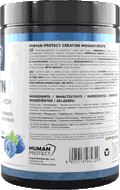 Human Protect Creatine Monohydrate 500g tub, blue raspberry flavor, barcode panel