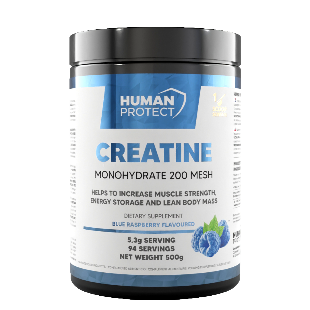 Creatine monohydrate tub, blue raspberry flavor, 500g, front label with serving info
