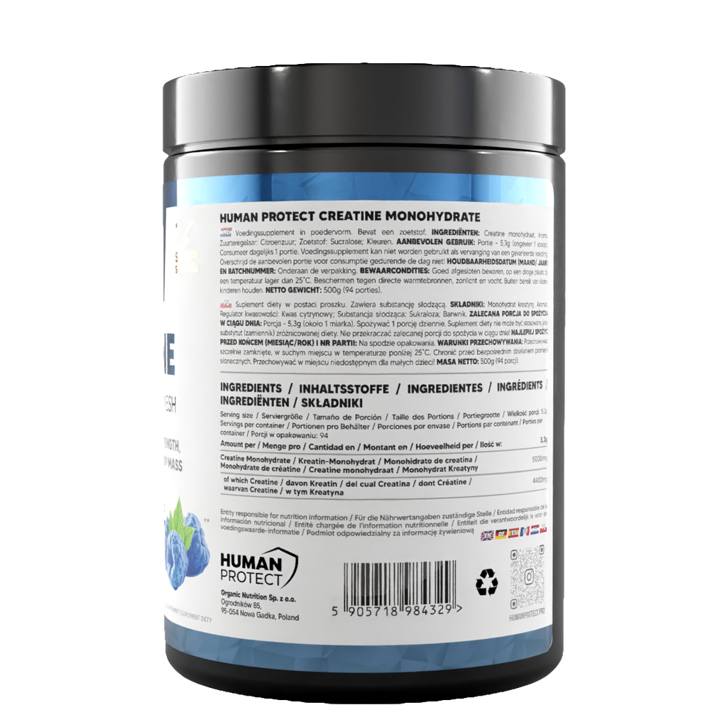 Creatine monohydrate tub label with ingredients and barcode, blue raspberry 500g