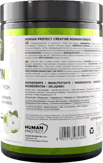 Creatine Monohydrate 500g Dose, Rückseitenetikett mit Zutaten und Nährwerten