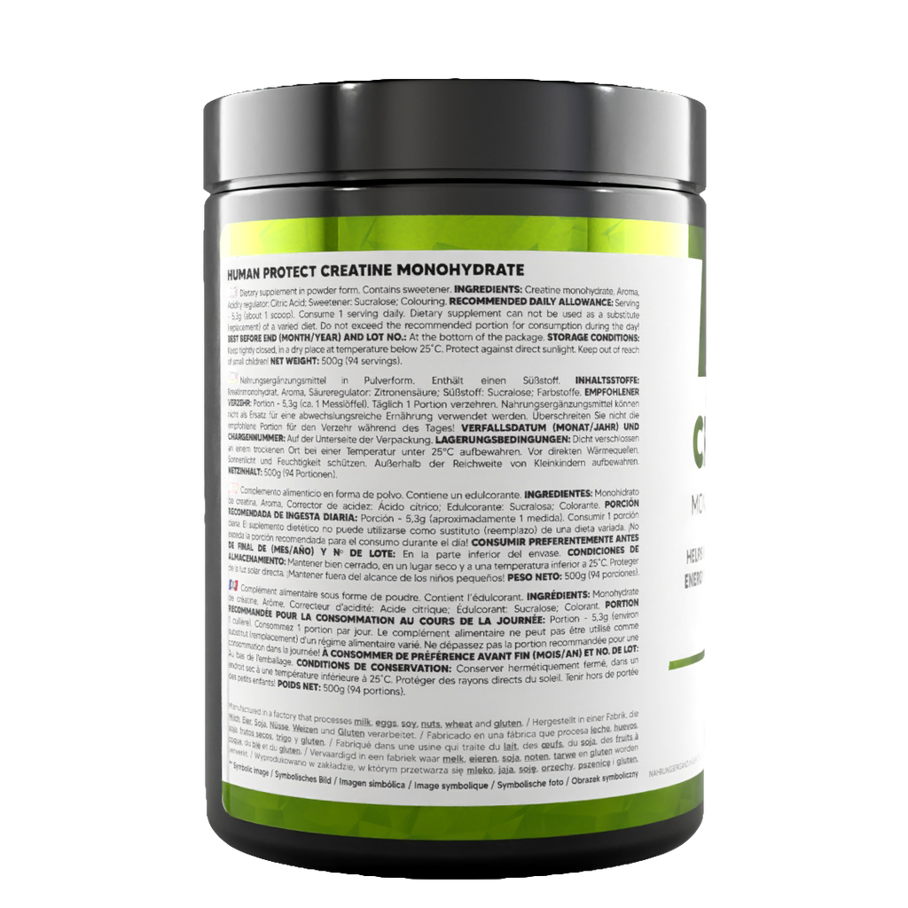 Creatine Monohydrate 500g Dose, Rückseite mit Einnahmehinweisen