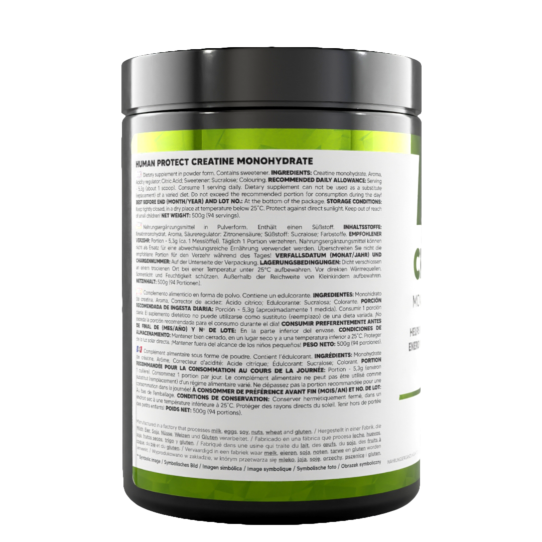 Creatine Monohydrate 500g Dose, Rückseite mit Einnahmehinweisen