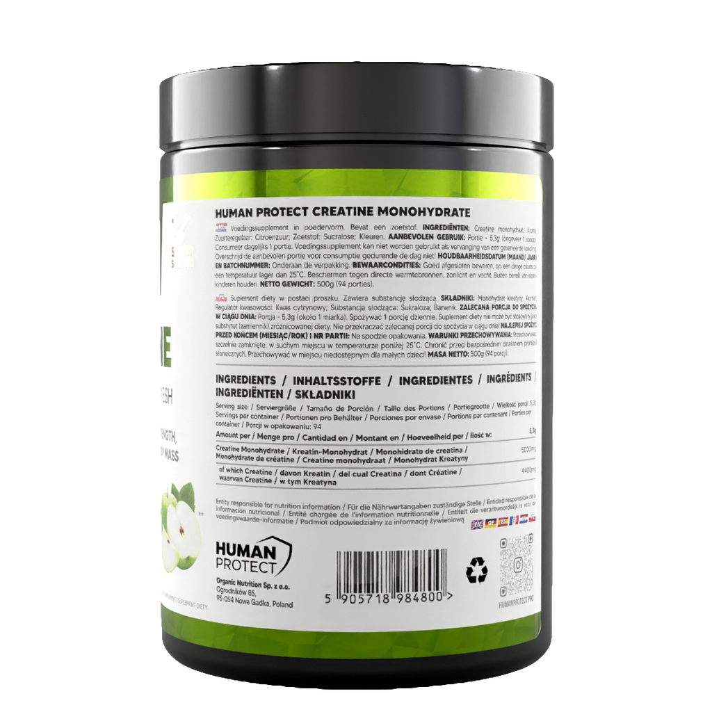 Creatine Monohydrate 500g Dose, Rückseitenetikett mit Barcode