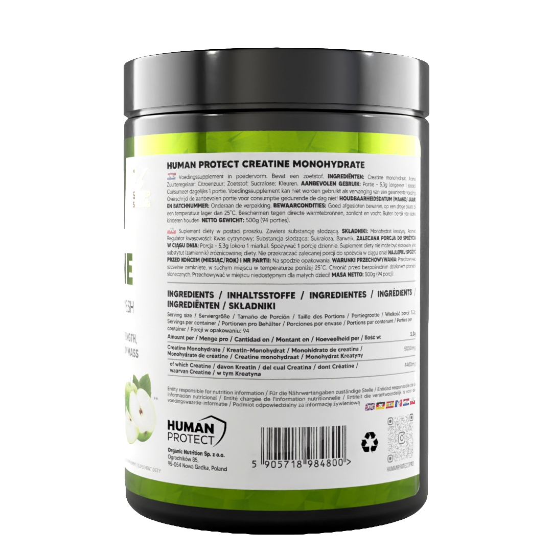 Creatine Monohydrate 500g Dose, Rückseitenetikett mit Barcode