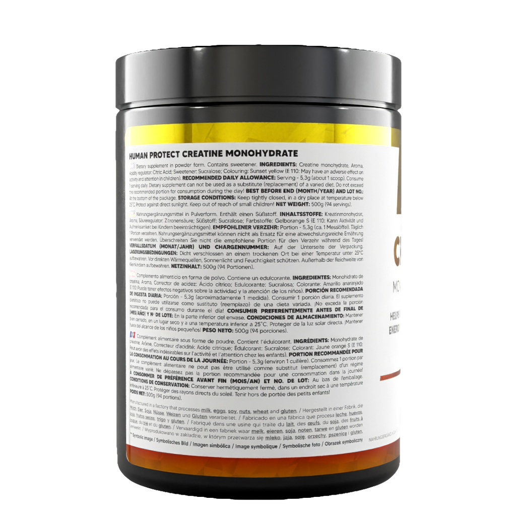 Creatine Monohydrat 500 g Mango, Rückseite mit Einnahmehinweisen und Lagerung