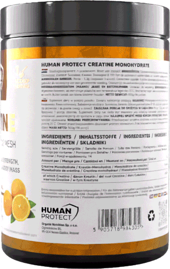 Human Protect Creatine Monohydrate 500g Rückseite, Inhaltsstoffe & Nährwerte-Aufdruck