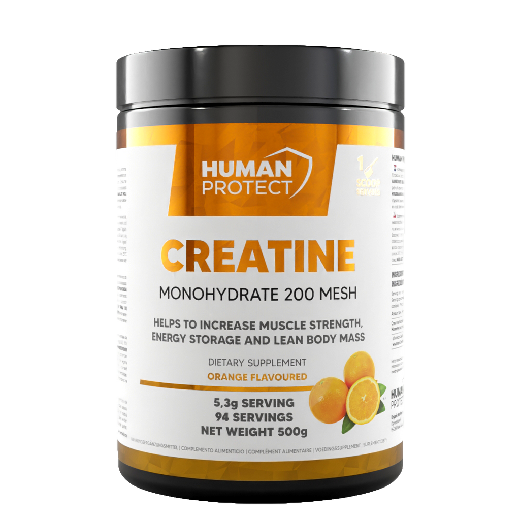 Creatine Monohydrate 500g Dose, orangefarbene Frontaufdrucke und Deckel