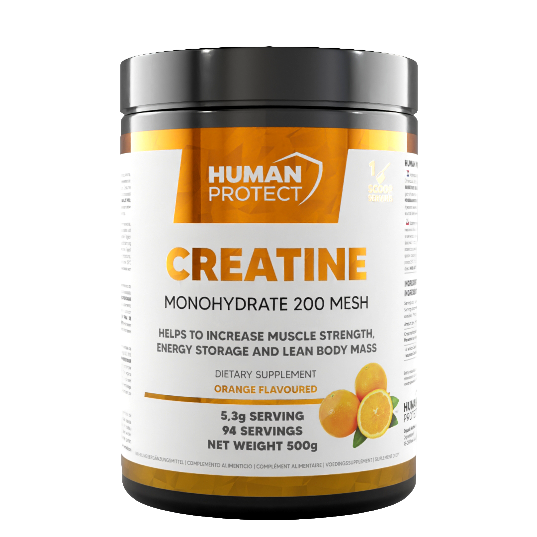 Creatine Monohydrate 500g Dose, orangefarbene Frontaufdrucke und Deckel