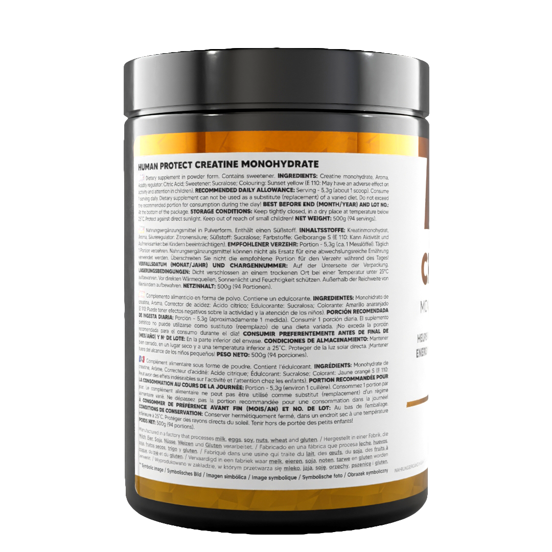 Creatine Monohydrate Dose Rückansicht mit Dosierungshinweisen und Zutatenliste