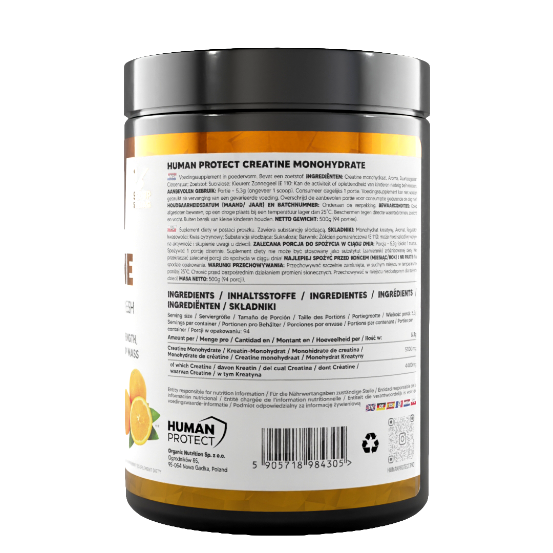 Creatine Monohydrate 500g Etikett Rückseite mit Barcode und Zutatenübersicht