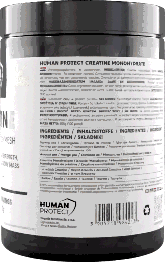 Creatine monohydrate jar, unflavoured, 500g net weight label