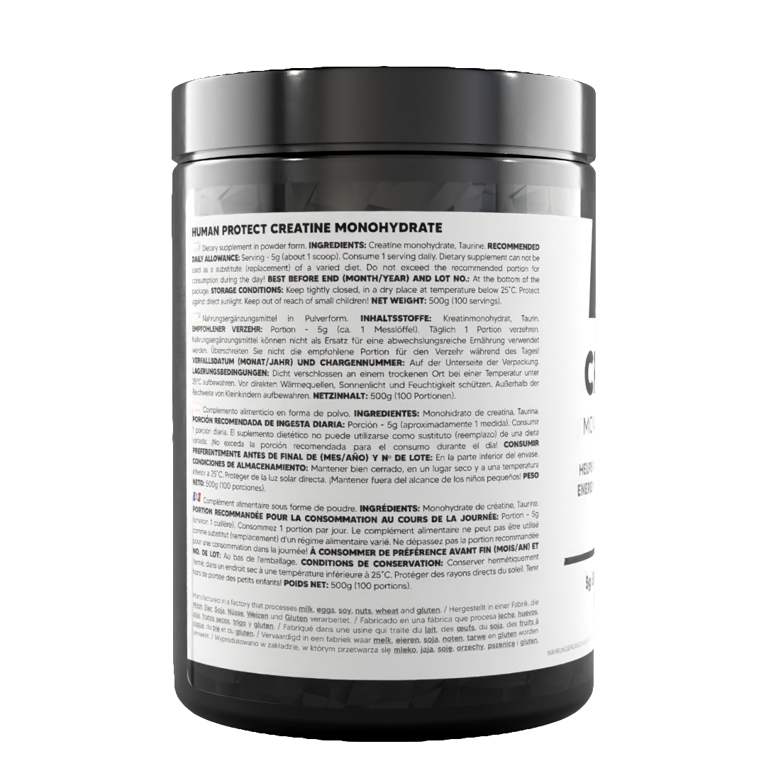 Creatine monohydrate 500g jar back label with directions and ingredients