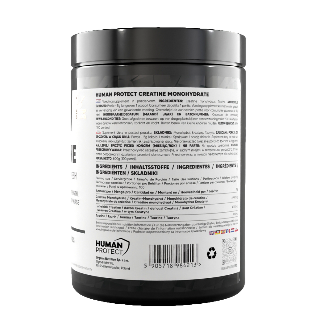 Creatine monohydrate jar ingredient panel with barcode and net weight 500g