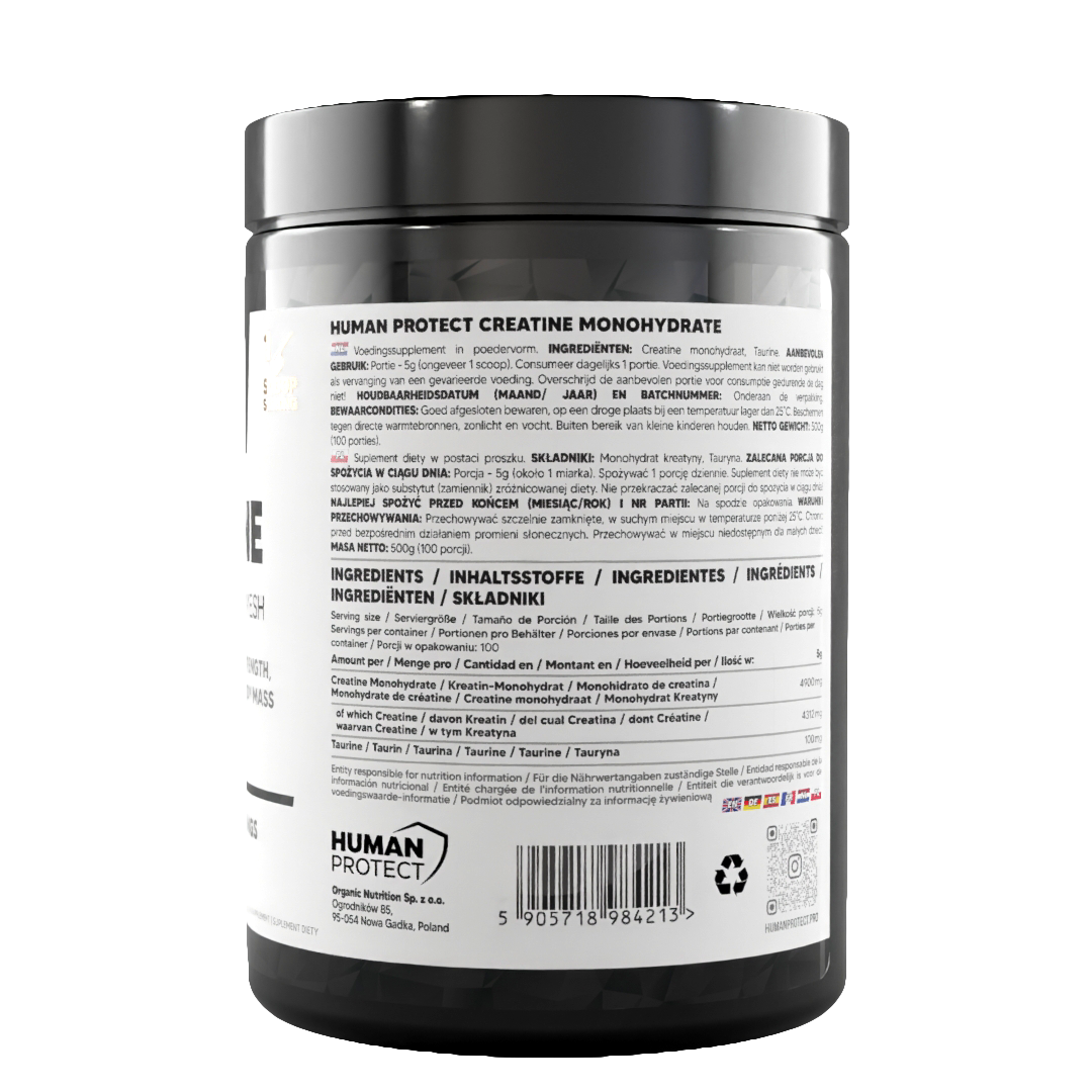 Creatine monohydrate jar ingredient panel with barcode and net weight 500g
