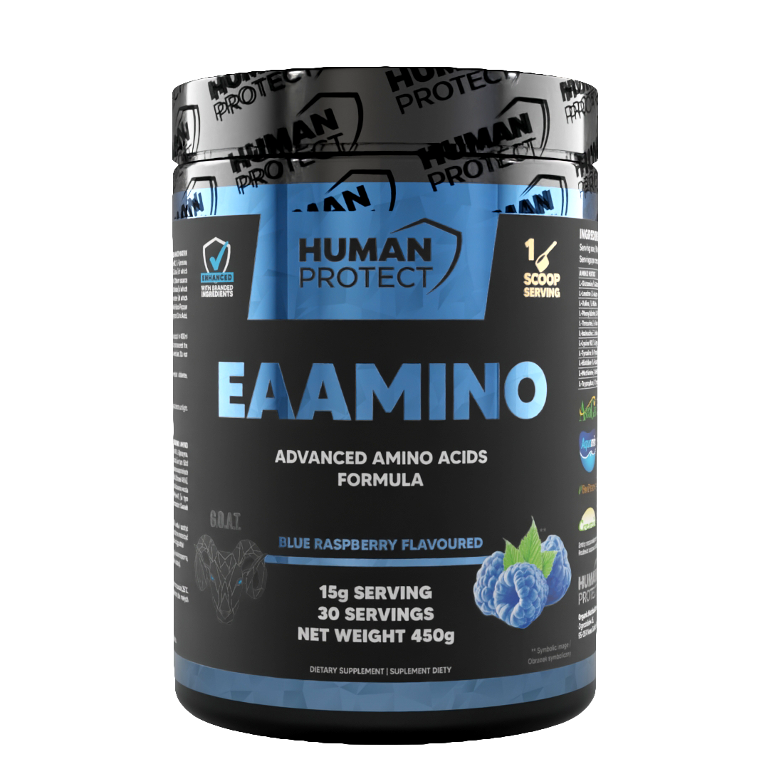 EAAMINO 450g Blue Raspberry tub, front label with 1 scoop serving info
