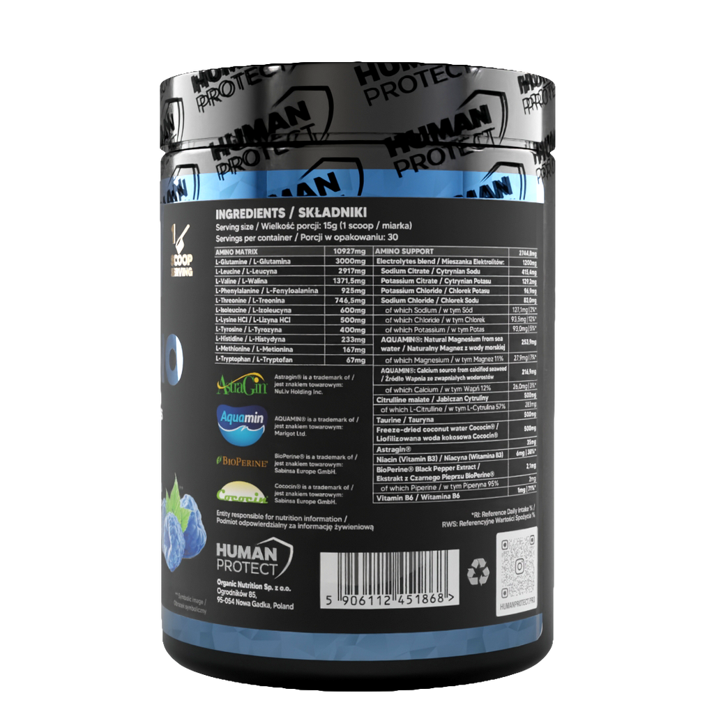 EAAMINO 450g Blue Raspberry tub back label with ingredients list and nutrition table