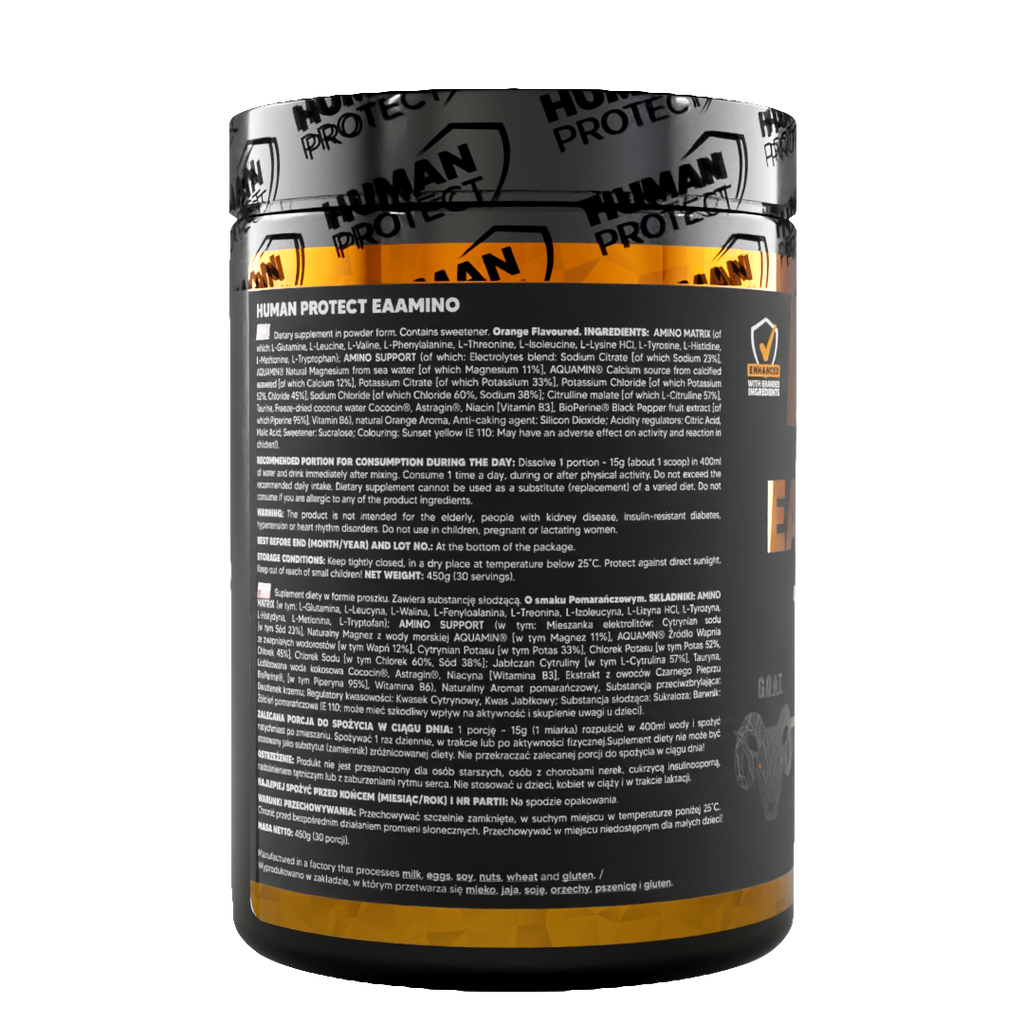 EAAMINO 450 g Orange, Dosenrückseite mit Anwendungshinweisen und Herstellertext