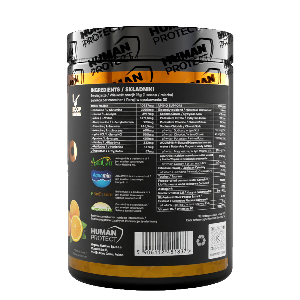 EAAMINO 450 g Orange, Rückseite mit Zutatenliste und Nährwertangaben auf der Dose