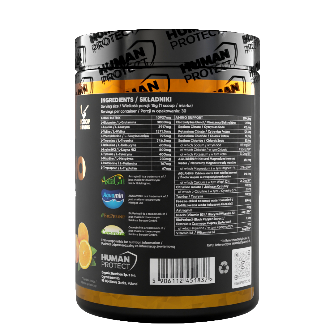 EAAMINO 450 g Orange, Rückseite mit Zutatenliste und Nährwertangaben auf der Dose