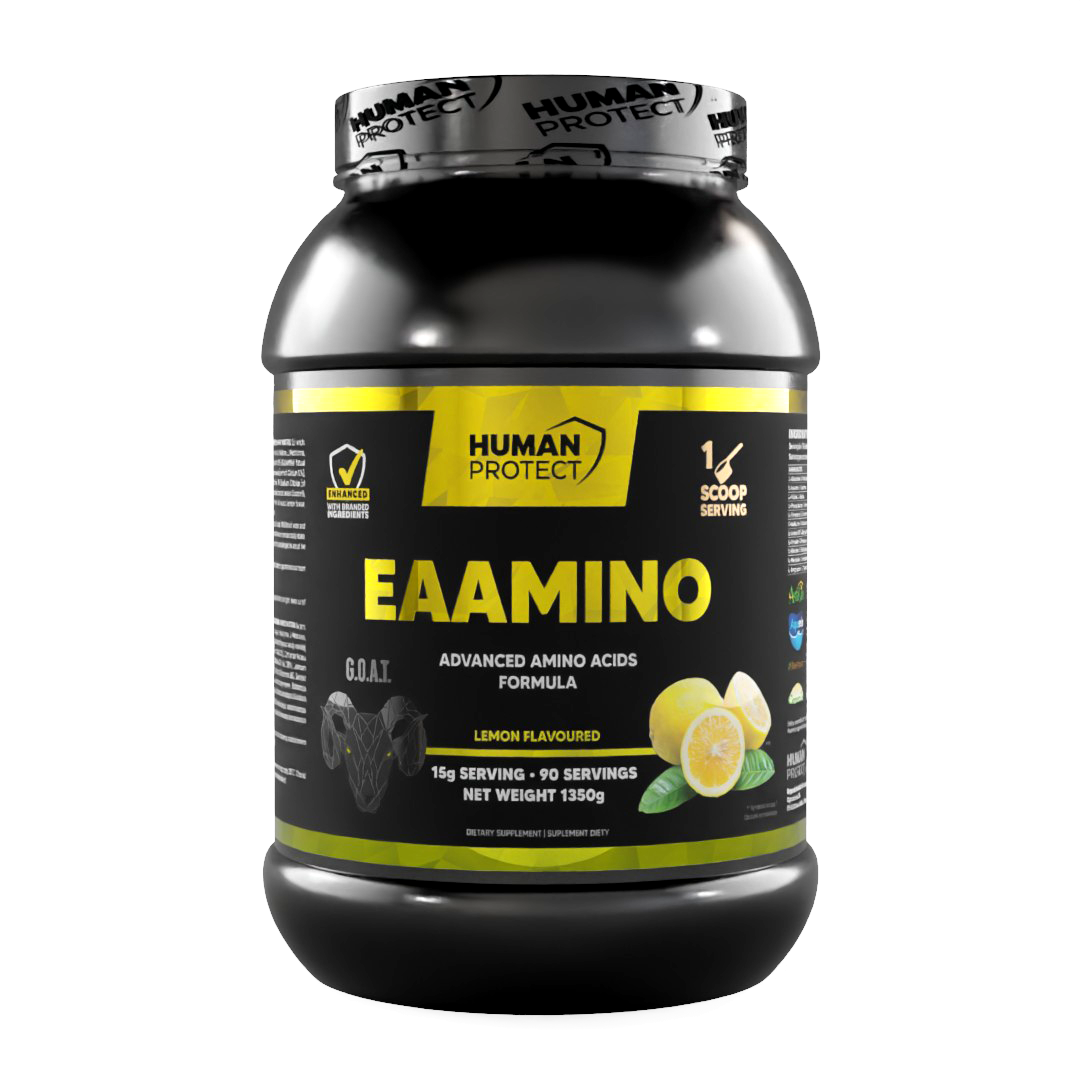 EAAMINO Lemon supplement tub, 1350g, front label with yellow highlights