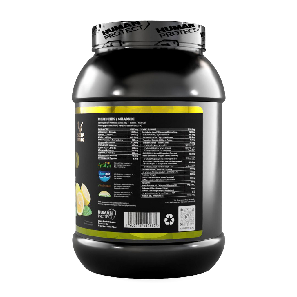EAAMINO Lemon supplement tub, back label with nutrition facts and barcode