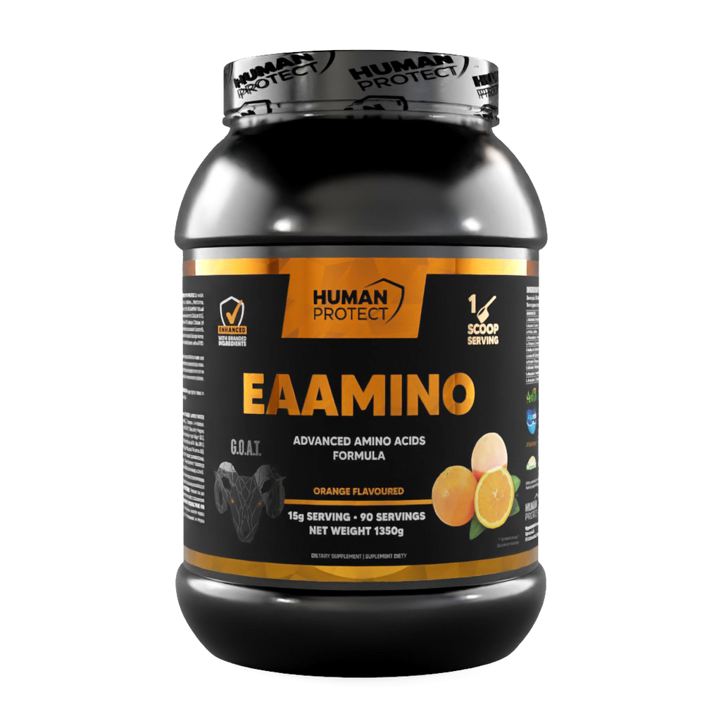 EAAMINO supplement jar with orange-flavored label on a dark container