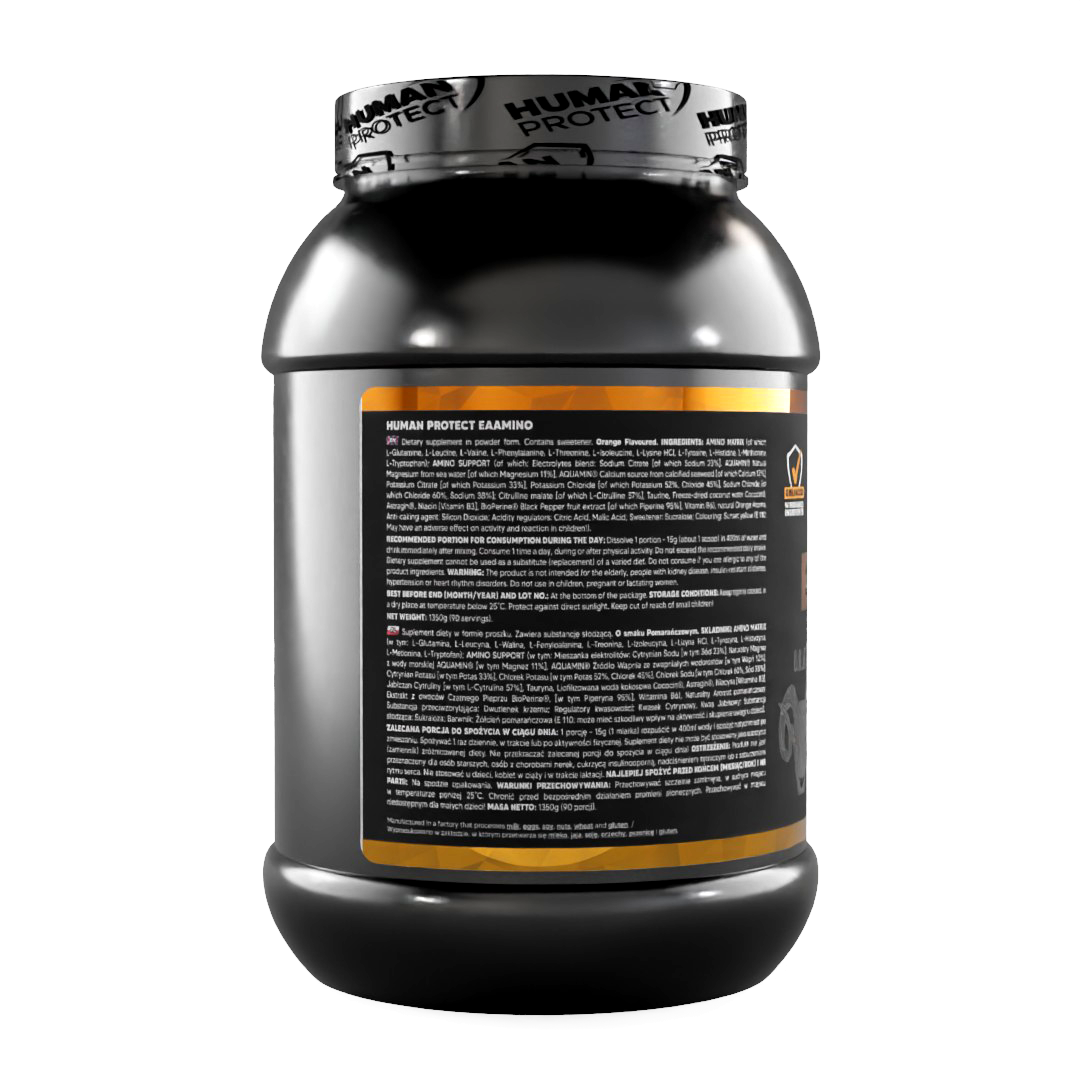 EAAMINO supplement jar back label with ingredient and nutrition text, orange stripe