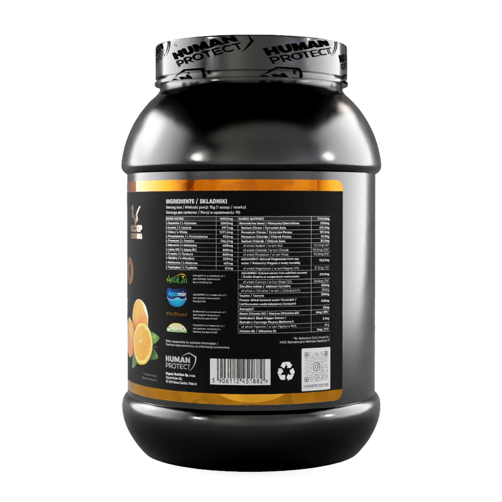 EAAMINO supplement jar ingredients panel with barcode, orange flavor callouts