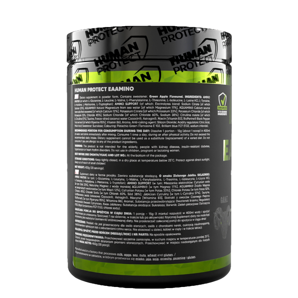 EAAMINO 450g supplement jar—back label with directions and ingredient details
