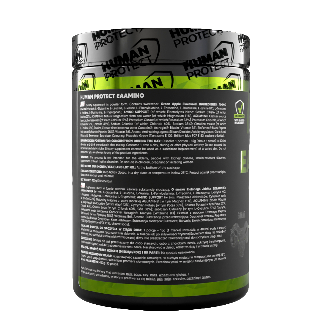 EAAMINO 450g supplement jar—back label with directions and ingredient details
