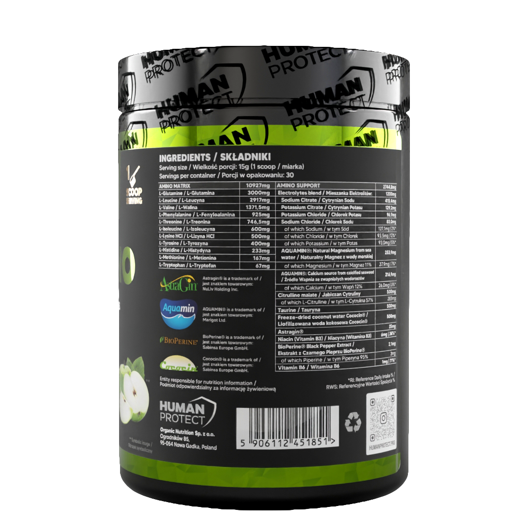 EAAMINO 450g supplement jar—ingredients list panel and barcode