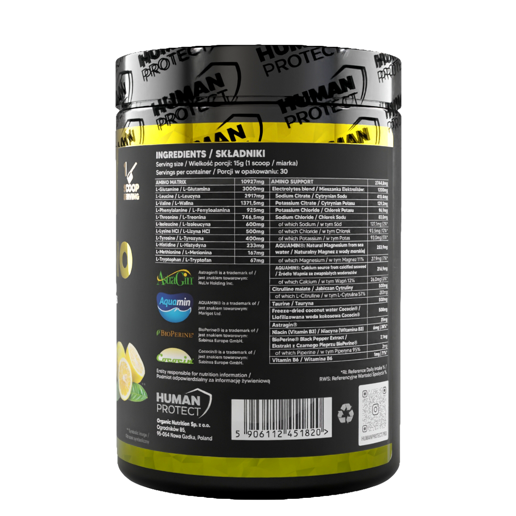 EAAMINO 450g lemon flavoured powder tub side label with ingredients list and barcode